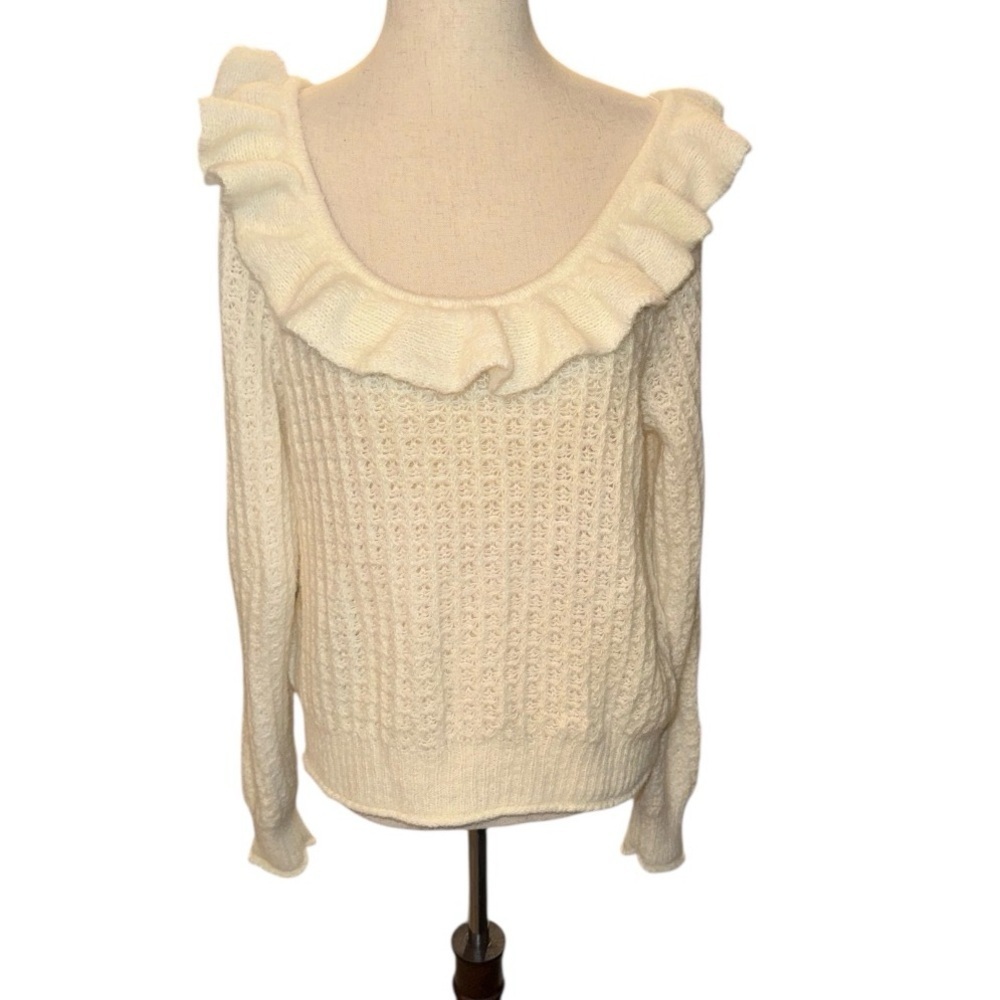 Anthropologie NWT Elegant White Ruffled Boatneck Women's Sweater - Picture 6 of 6